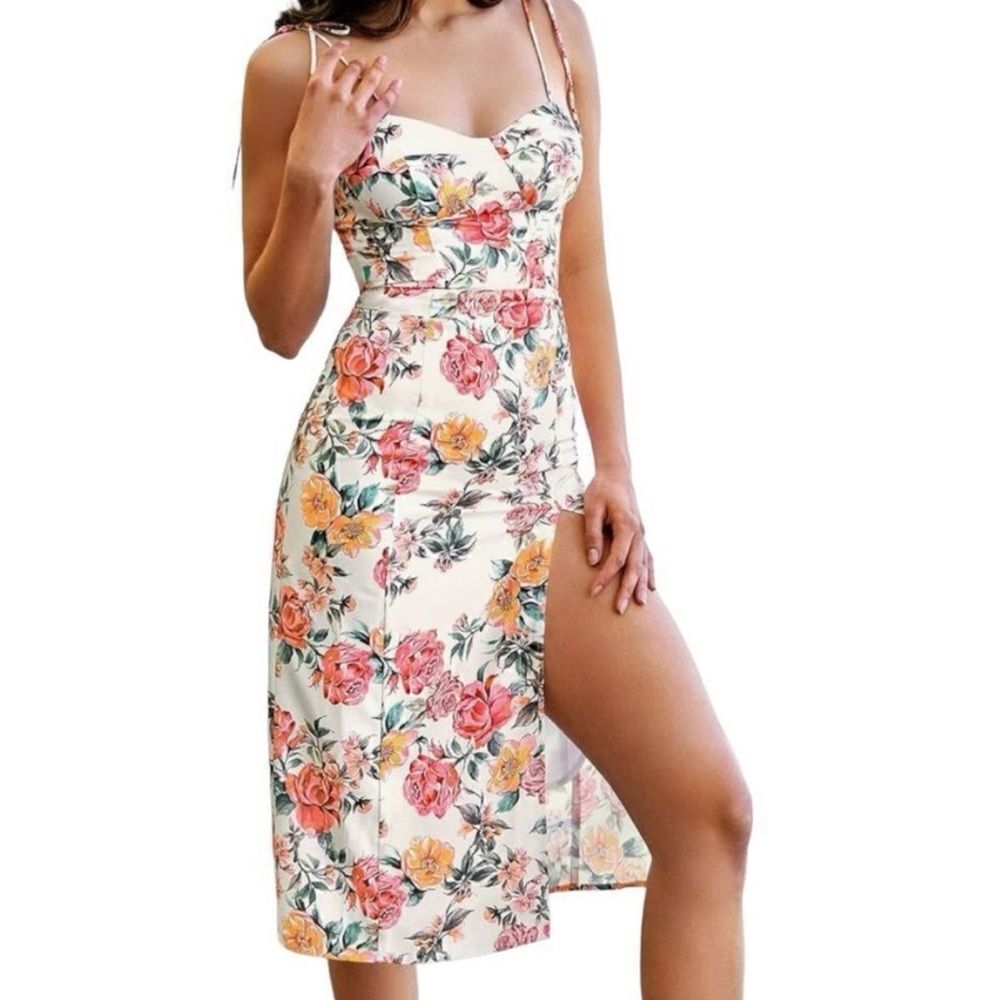 Cupshe x Vanessa Bloom Floral Sweetheart Midi Dress Ivory Pink Orange Medium NWT